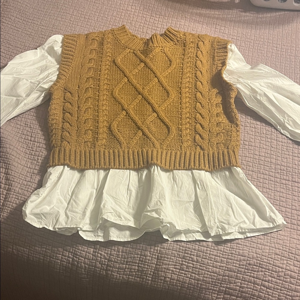 Elan Mustard Cable Knit Cropped Sweater Vest with sleeves and peplum -large